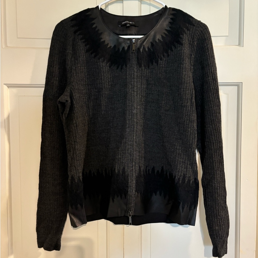 Lafayette 148 New York Size Small Brushed Wool, leather Combo Cardigan